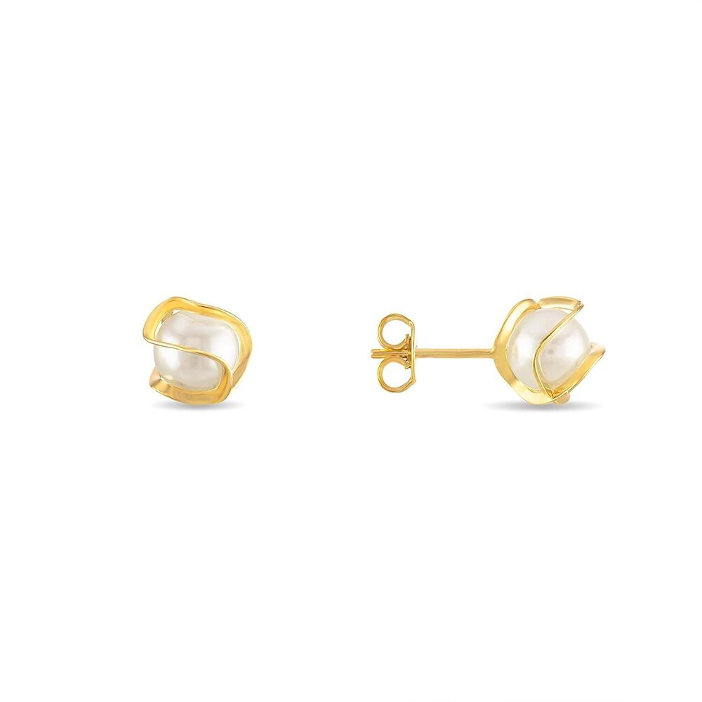 Pearl Stud Earrings 6MM Caged Gold Plated - Picture 1 of 6